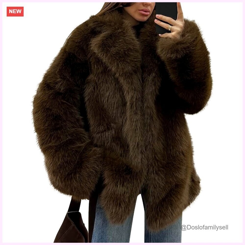 Long Faux Fur Coat Lapel Shaggy Winter Jacket Open Front Outerwear